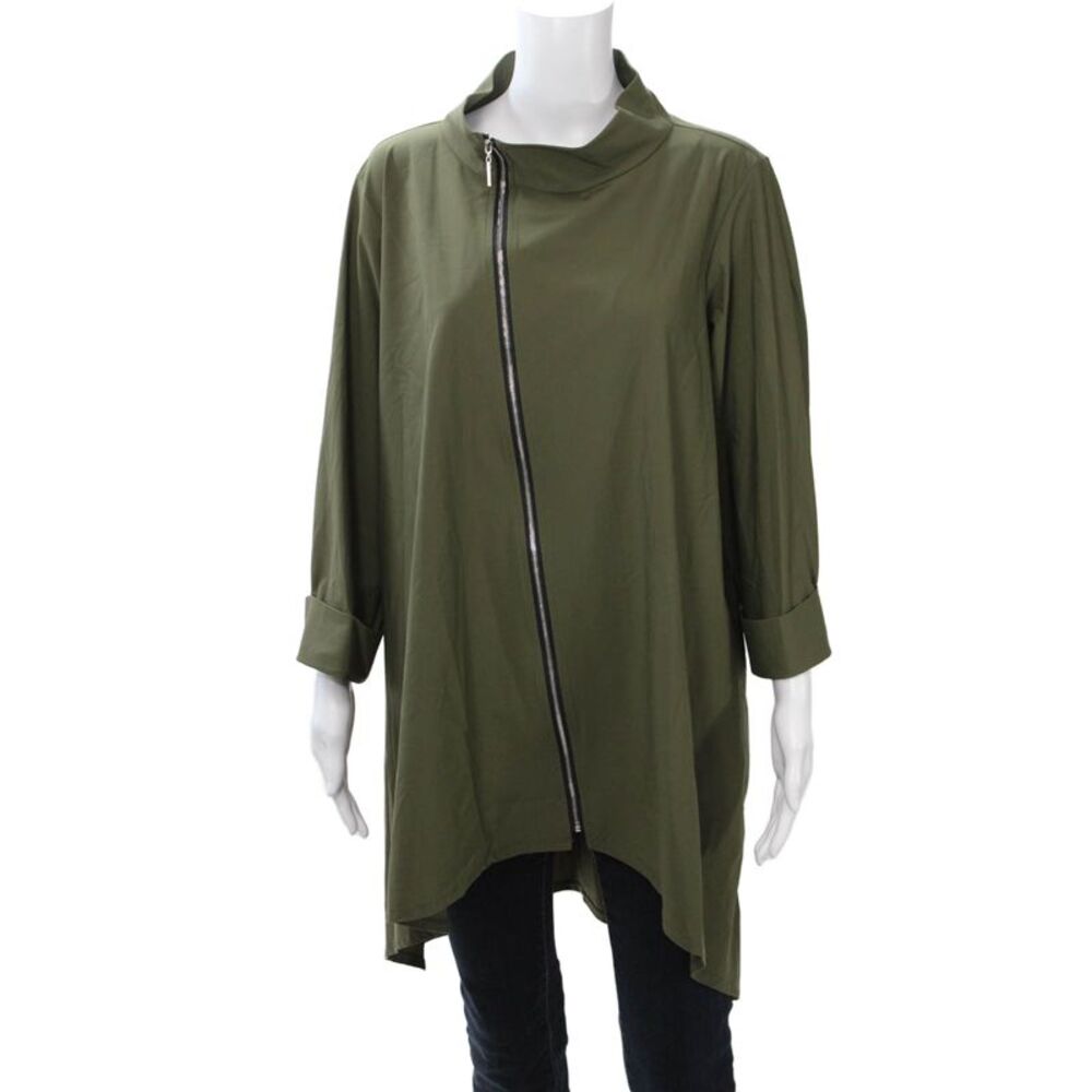 Jason Womens Army Green Mock Neck Zip Solid Nylon Spandex Jacket Size 1X